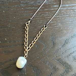 Brown Leather Brass Chain and Pearl Necklace